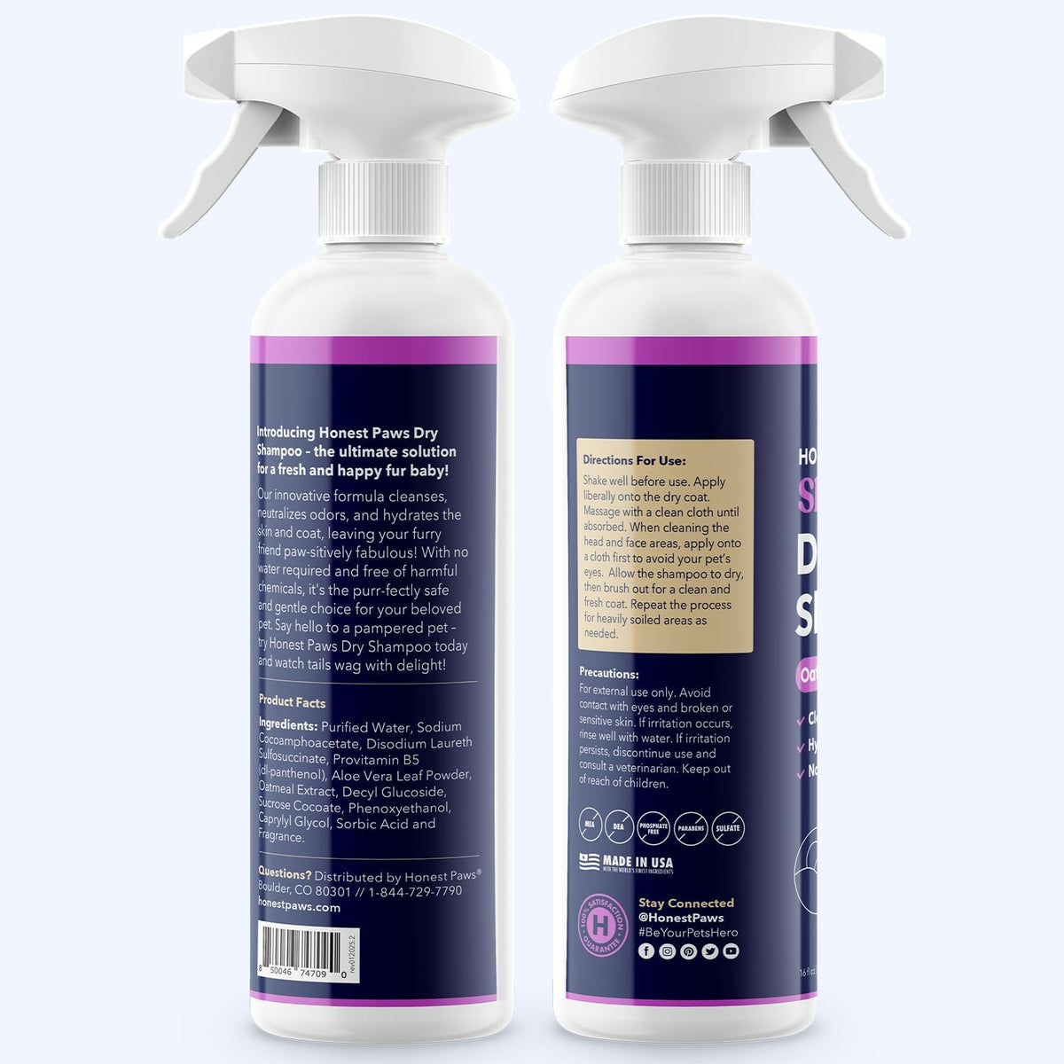 Honest Paws Dog Dry Shampoo - Waterless No Rinse Spray Formula Reducing Itch Cleanse Hydrate