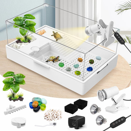 GOZILLA Large Turtle Tank Kit+Water Pump+Lamp, Acrylic Turtle Tank Starter Kit with Adjustable 5W