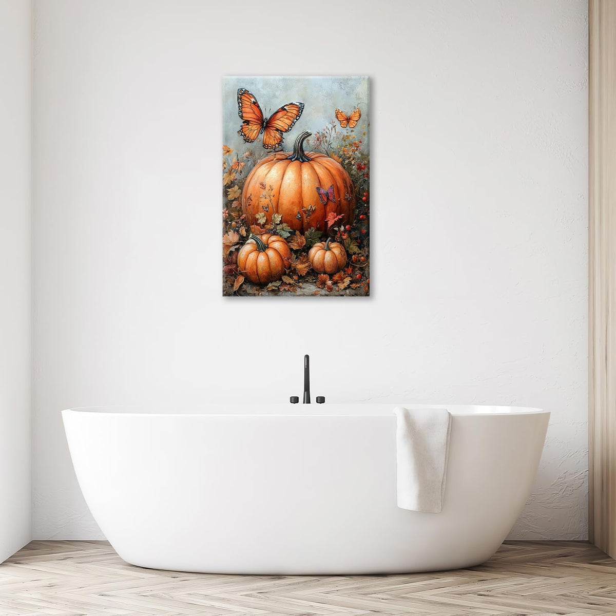 Fall Pumpkin Pictures Wall Art, Rustic Thanksgiving Bathroom Wall Decor, Farmhouse Autumn Butterfly