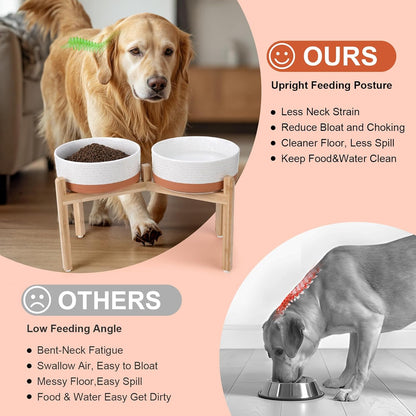 SPUNKYJUNKY Elevated Dog Bowls Ceramic, 8.3'' Dogs Food Water Bowls Raised with Non-Slip Bamboo
