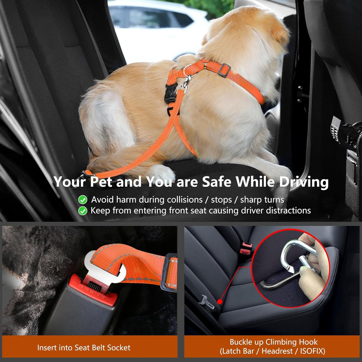 Dog Seat Belt Harness for Car, Dog Car Harness Adjustable Mesh Breathable & Dogs Seatbelt Safety