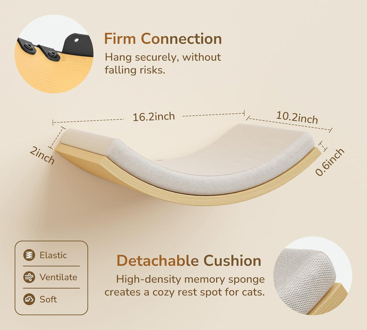 Cat Wall Shelf & Window Perch Combo, Wood Cats Wall Furniture with Soft Foam Curved Bed and