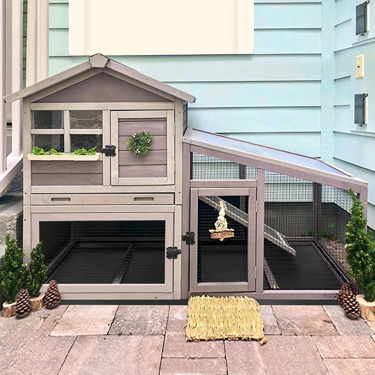 GUTINNEEN Rabbit Hutch for Outdoor Indoor Use, Bunny Cage with PVC Layer and Bottom Wire Netting