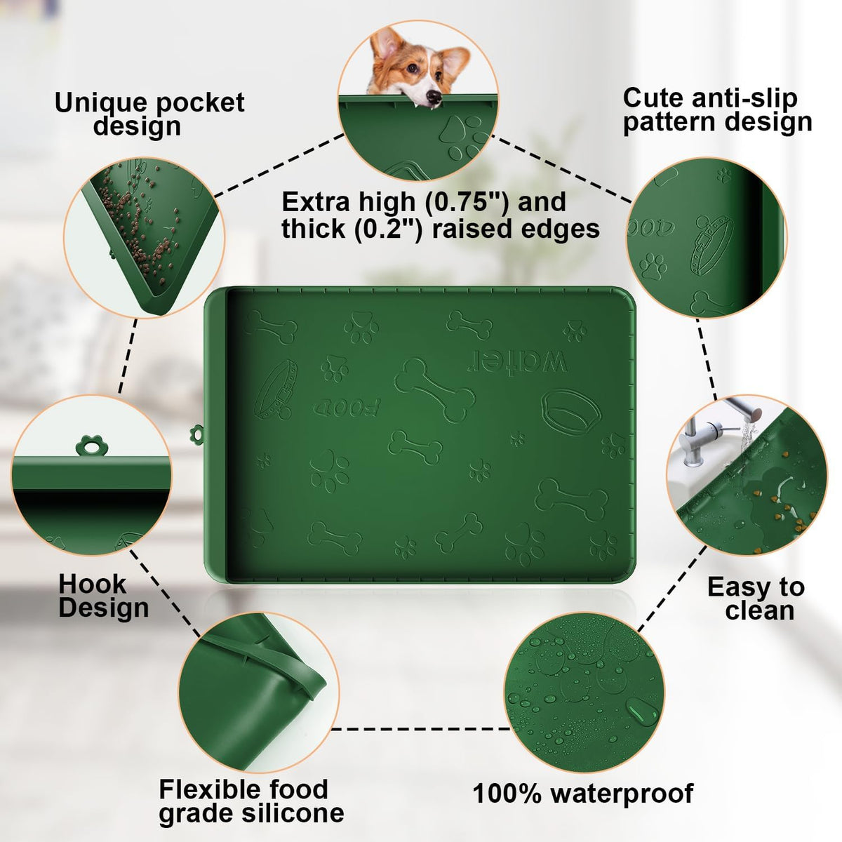 Dog Food Mat - Silicone Dog Mat for Food and Water - 36" x 24" Large Pet Feeding Mats with Residue