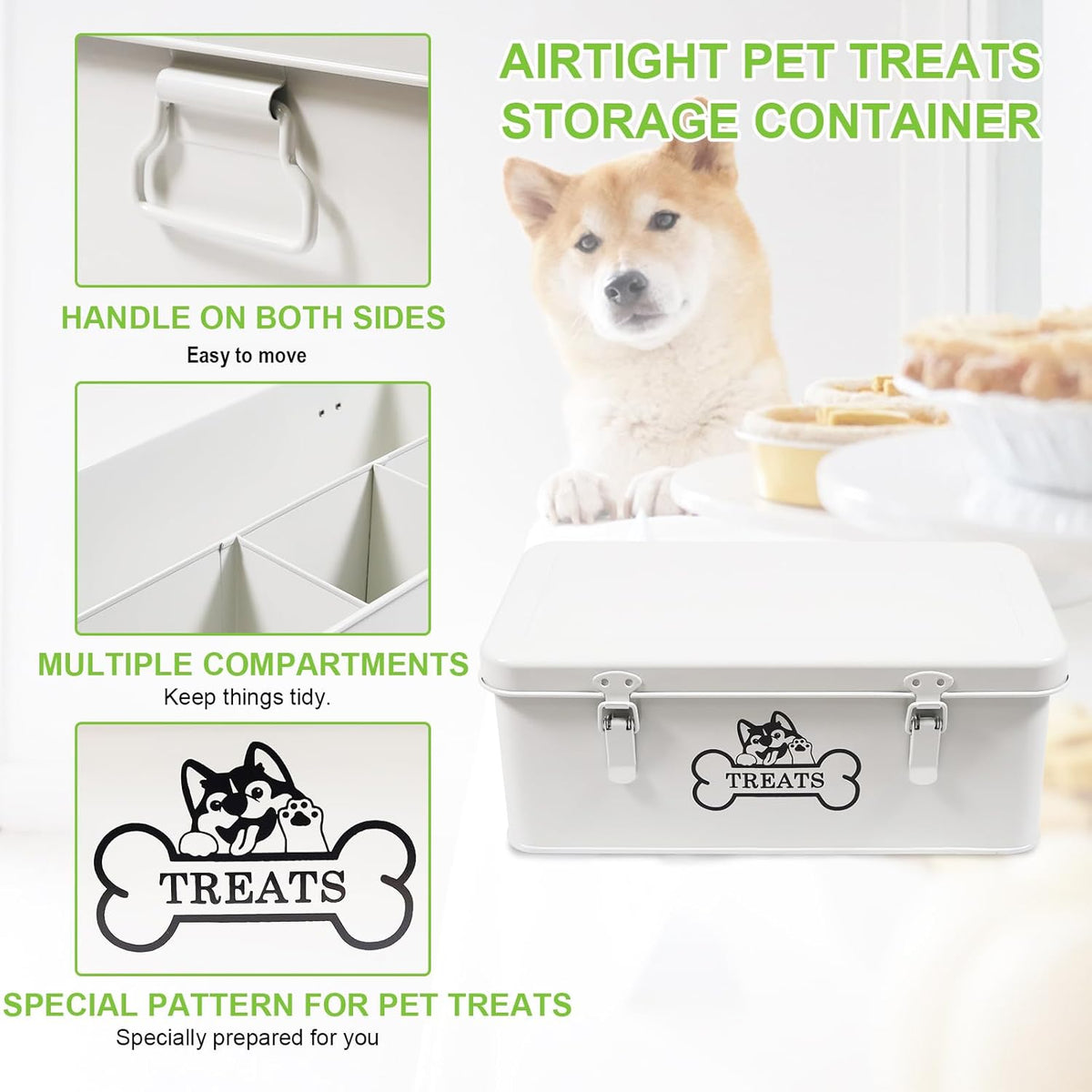 Metal Dog Treat Container,Dog Treats Storage Box with Lid,White Pet Food Bin with