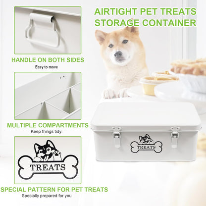 Metal Dog Treat Container,Dog Treats Storage Box with Lid,White Pet Food Bin with