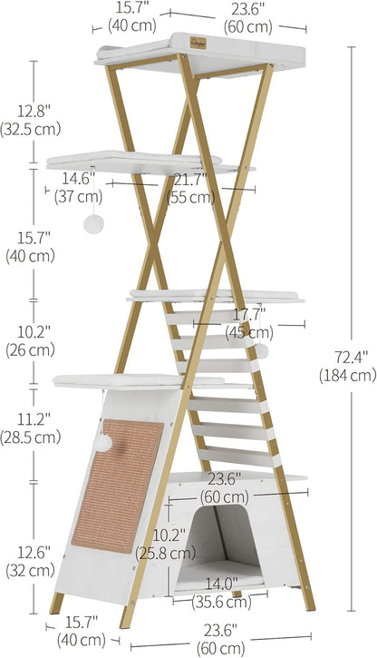 FourFurPets 72.4" Cat Tree, Modern Cat Tower for Indoor Cats, Multi-Level Cat Condo with Caves