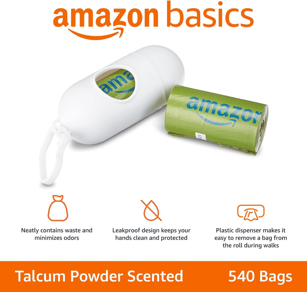 Amazon Basics Dog Poop Bags with Dispenser, 540 Count, Enhanced for Guaranteed Leakproof, Talcum