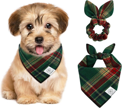 E-Clover Dog Bandana & Matching Scrunchie - Green Red Plaid Pet Scarf, Cute Costumes Accessories
