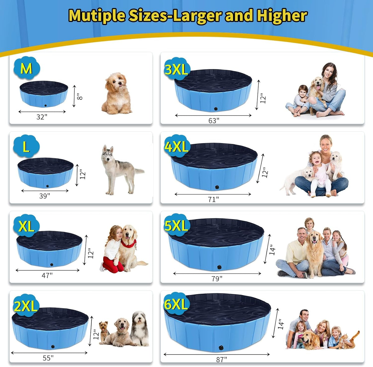 Foldable Dog Pool, 47" x 12" Kiddie Pool with Hard Plastic, Non-Slip Dog Bath Tub for Outdoor