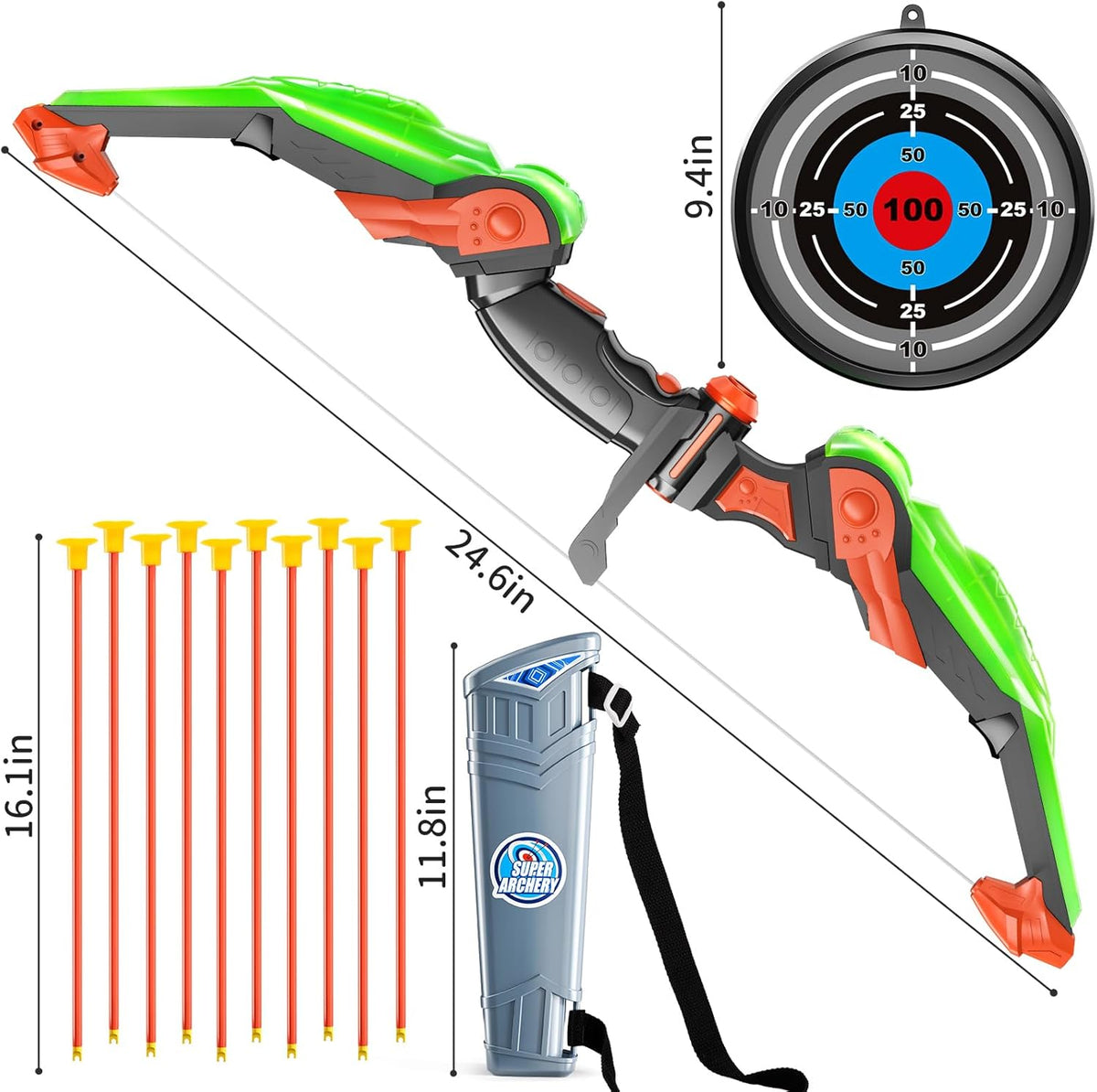 TEMI Bow and Arrow Set for Kids - Archery Toy Set - LED Light Up with Suction Cup Arrows, Target &