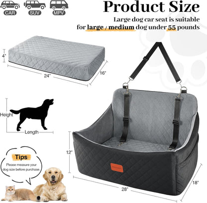 Dog Car Seat for Medium & Large Dogs Up to 55lbs, Memory Foam Cushion, Washable Cover, Safety