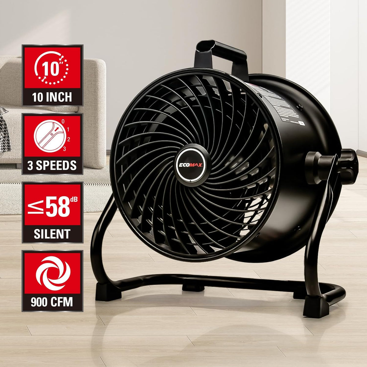 10-Inch High-Velocity Drum Air Circulator Fan, Heavy-Duty Shop Fan with 3-Speed & 360° Tilting