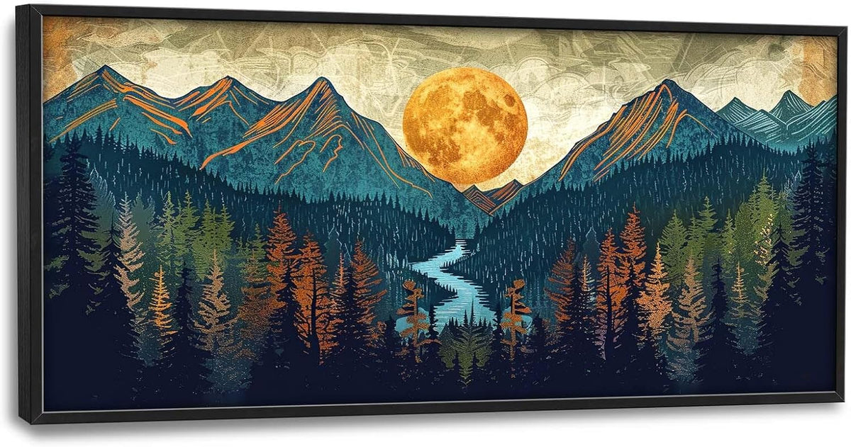 Quorin Boho Mountain Large Wall Art Mountain Landscape Pictures Moon Pine Tree Forest Lake Wall