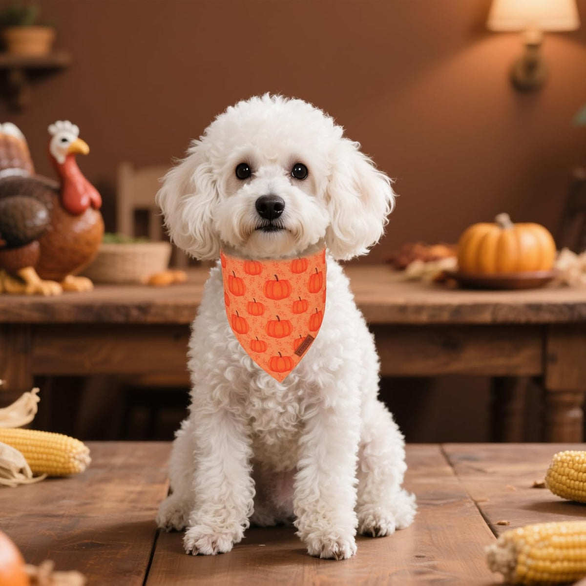 PTDECOR Thanksgiving Fall Dog Bandanas, Orange White Reversible Holiday Pet Scarf, Happy