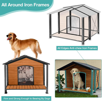 Outdoor Dog House,Weatherproof Wooden Dog Shelter for Small to Medium Sized Dogs,Iron Frame Indoor