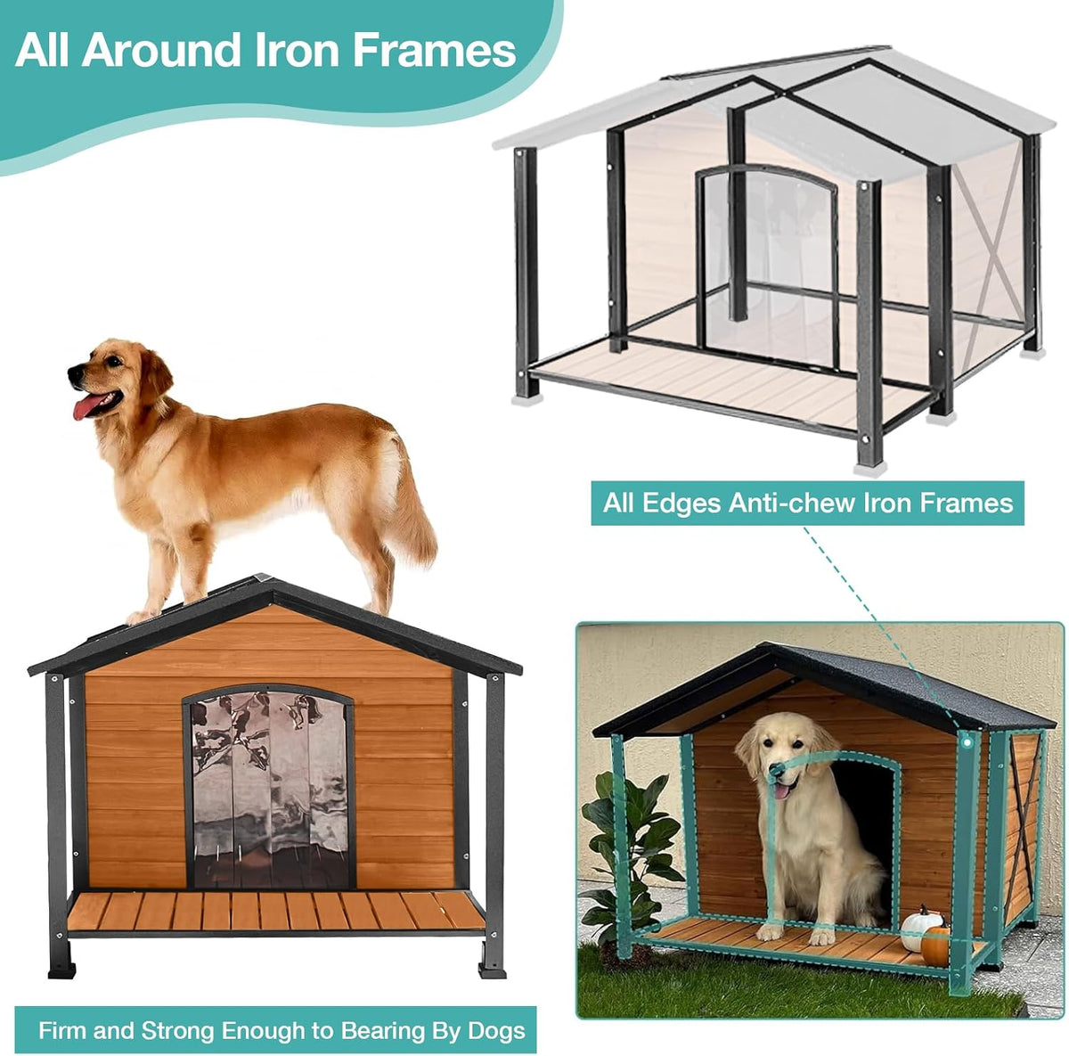 Outdoor Dog House,Weatherproof Wooden Dog Shelter for Medium to Large Sized Dogs,Iron Frame Indoor