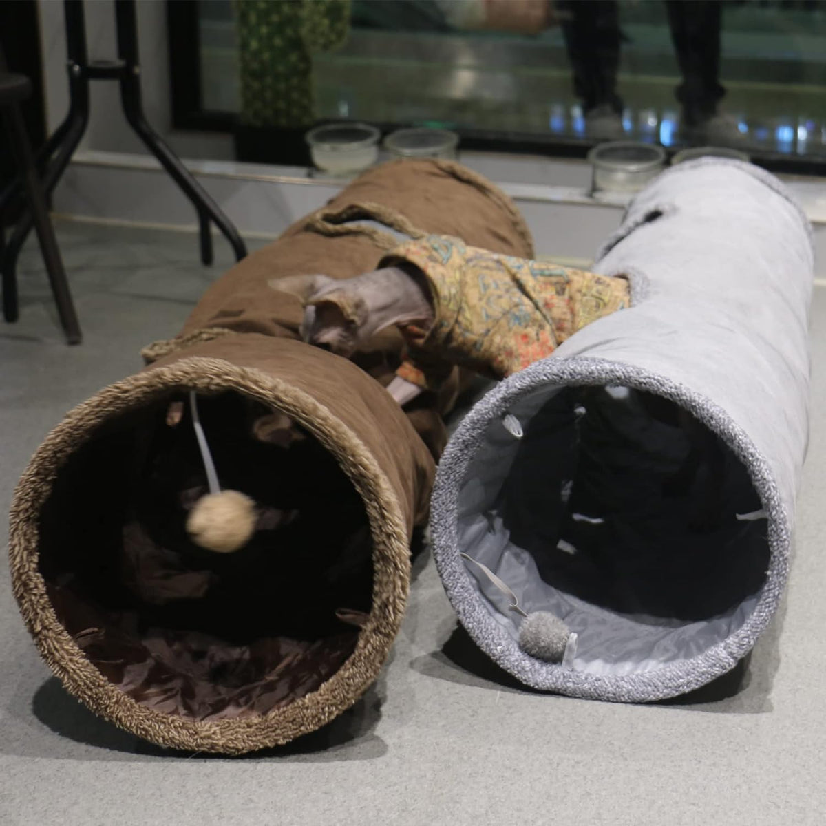 Cat Tunnel for Indoor Cats, 51×12 inch Foldable Big Cat Tunnel, Grey Suede Pet Tunnels with Two