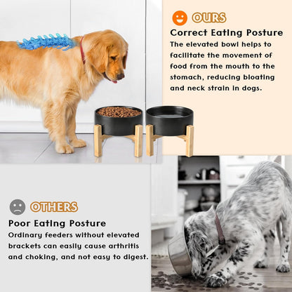 SPUNKYJUNKY Ceramic Elevated Dog Bowls 2 Pack - 5.1inch Raised Dog Bowls with Non-Slip Wooden Stand