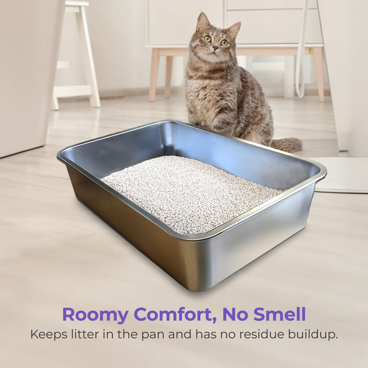 iPrimio Stainless Steel Litter Box - No Stick Litter Pan for Cats - XL Cat Box with Teflon Coating