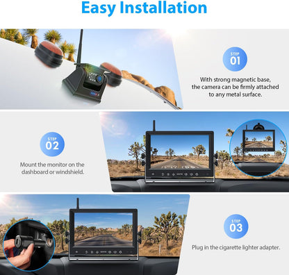 2 Magnetic Solar Wireless Backup Camera HD 1080P 9" DVR Monitor, Solar Rechargeable RV Backup