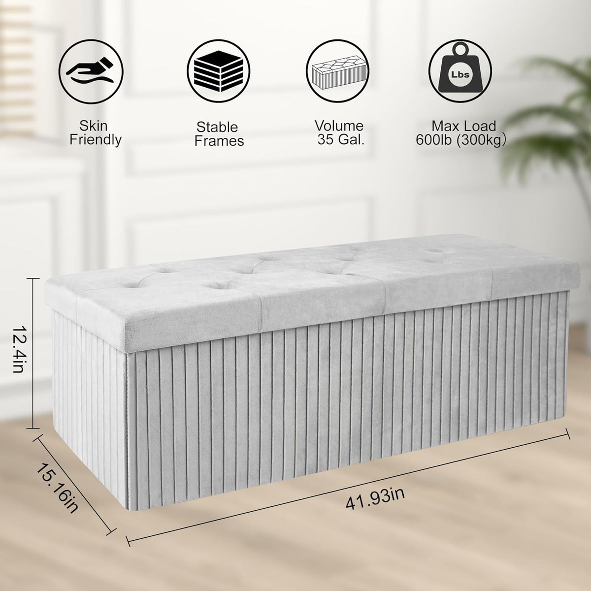 Storage Ottoman Bench, 43 Inch Foldable Ottoman with Legs, Velvet Foot Rest Stool, End of Bed