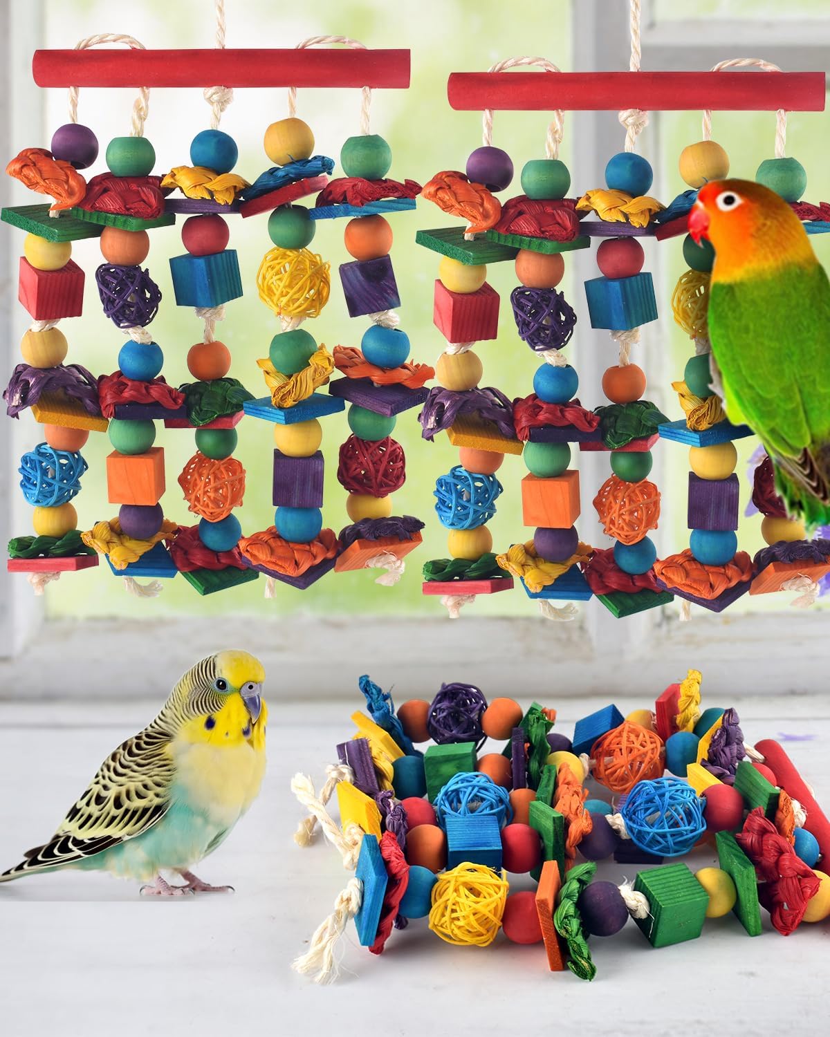 Bird Toys, 3PCS Parrot Foraging Hanging Toy, Multicolored Natural Wooden Blocks Parakeet Chewing