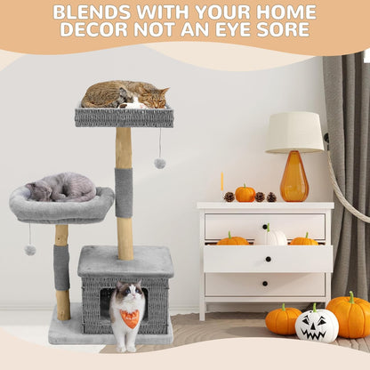 Modern Cat Tree for Large Cats - Multi-Level Wooden Tower with Scratching Posts, Large Jumping