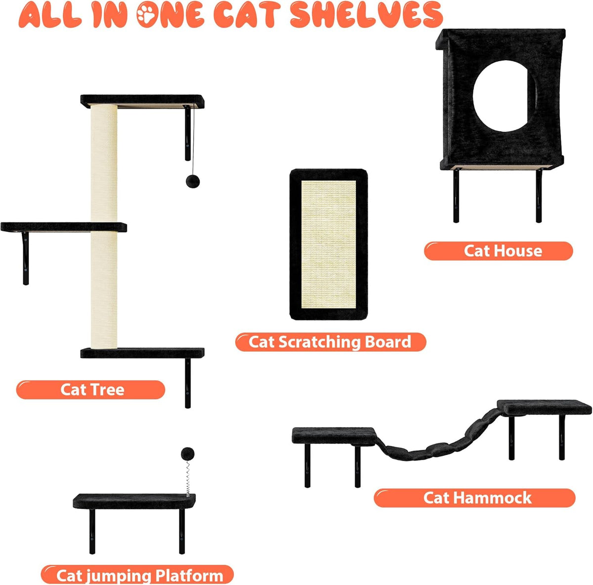 NUNU LAB Wall Mounted Cat Furniture, 5 Pcs Cat Wall Shelves with House, Bridge, Steps, Scratching