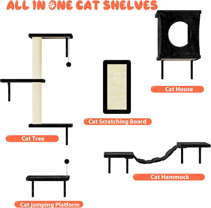 NUNU LAB Wall Mounted Cat Furniture, 5 Pcs Cat Wall Shelves with House, Bridge, Steps, Scratching