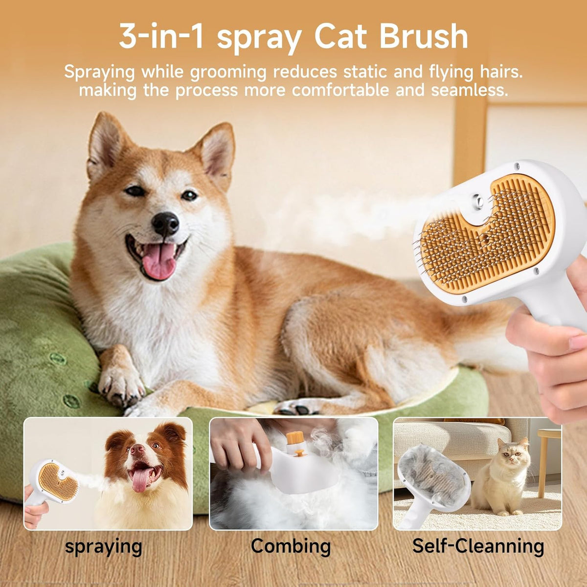 Pet Steam Brush for Dog & Cat – 3-in-1 Spray Hair Removal Comb – Steam for Shedding & Grooming