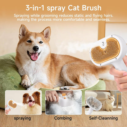 Pet Steam Brush for Dog & Cat – 3-in-1 Spray Hair Removal Comb – Steam for Shedding & Grooming