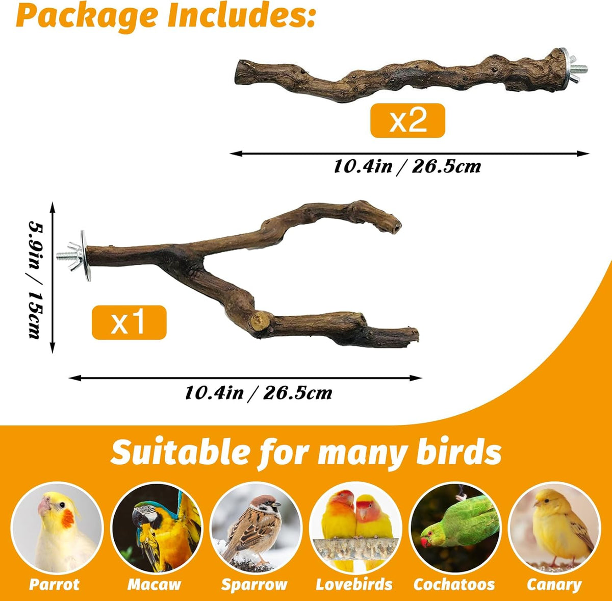 kathson 3pcs Natural Parrot Perch for Cage Wooden Bird Perches Grape Bird Stick Parakeet Climbing