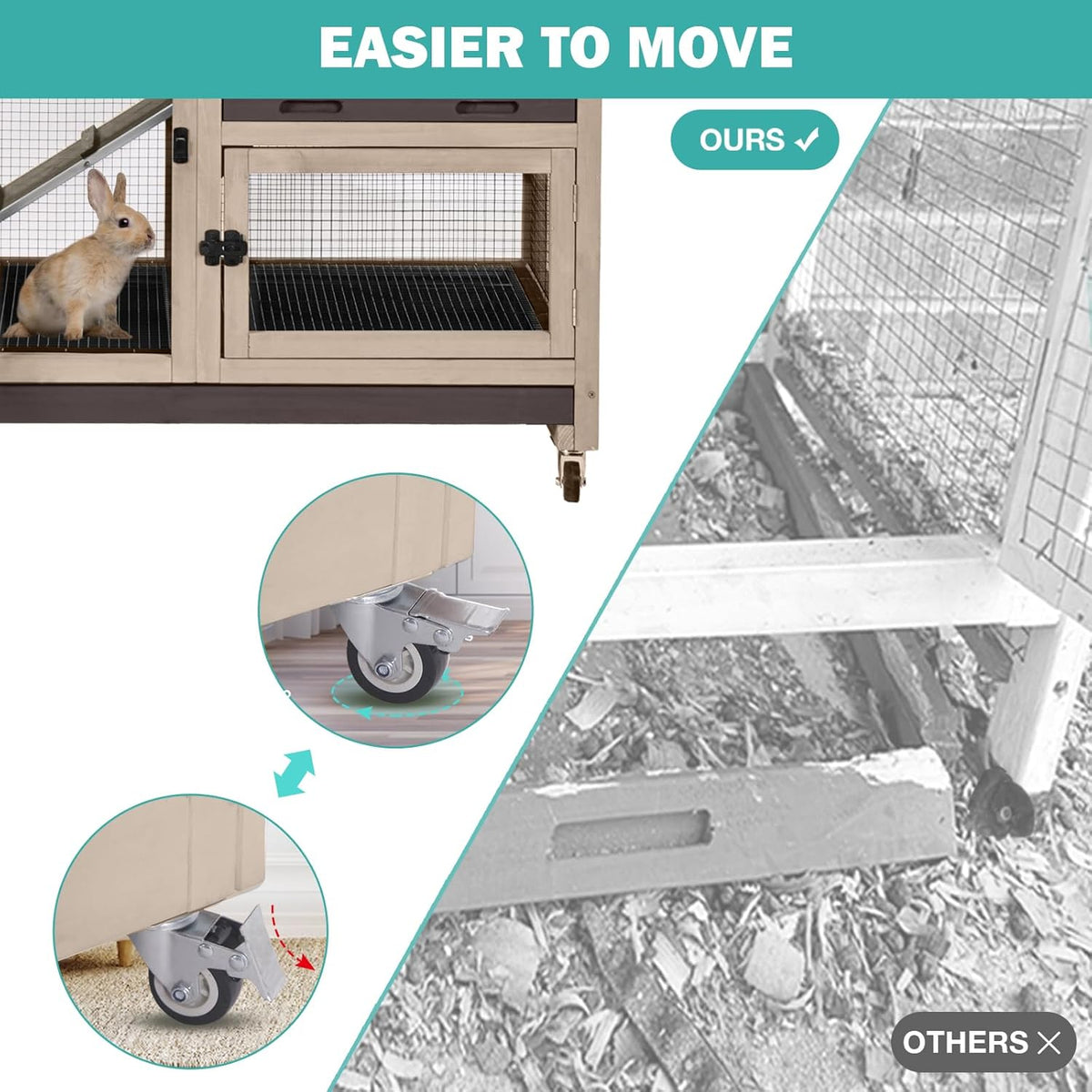 Rabbit Hutch Indoor for 2-4 Rabbits & Guinea Pigs，Bunny Cage with Slide-Out Plastic Trays，Wooden