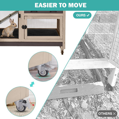 Rabbit Hutch Indoor for 2-4 Rabbits & Guinea Pigs，Bunny Cage with Slide-Out Plastic Trays，Wooden