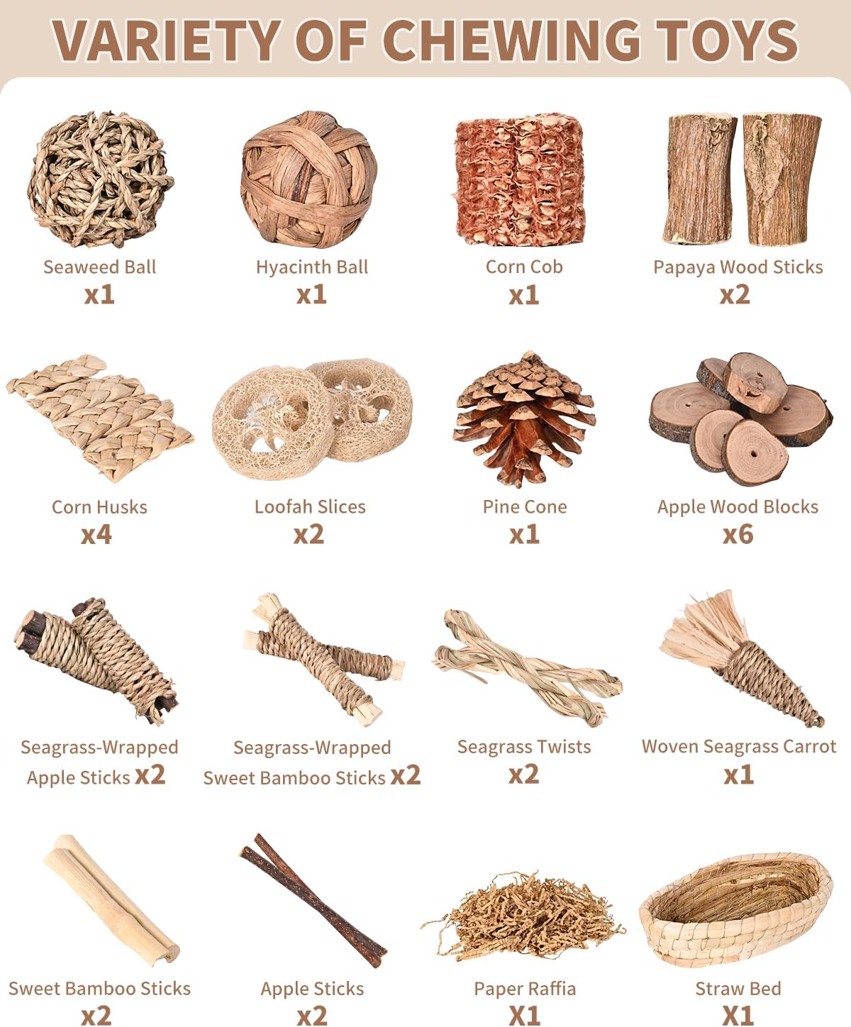 31PCS Rabbit Chew Treat Toys for Teeth Health, Natural Bunny Enrichment Toys for Boredom & Stress