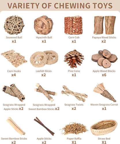 31PCS Rabbit Chew Treat Toys for Teeth Health, Natural Bunny Enrichment Toys for Boredom & Stress