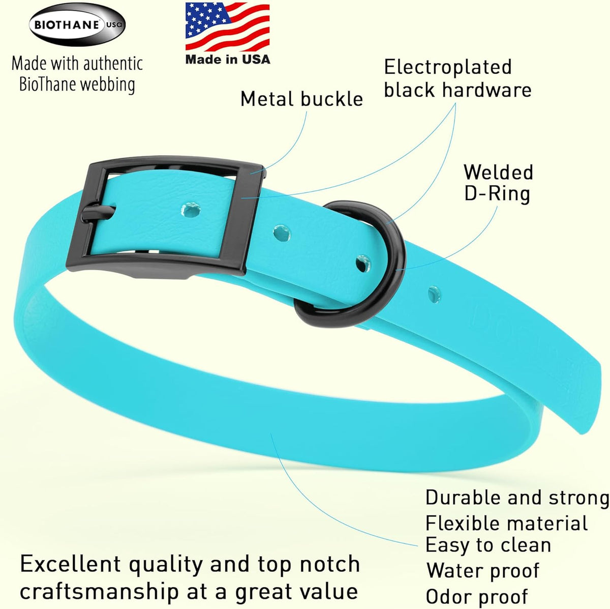 Dogline Biothane Waterproof Dog Collar Strong Coated Nylon Webbing with Black Hardware Odor- Proof