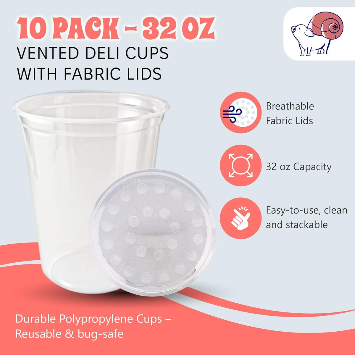 Snout and Shell Deli Cups with Fabric Vented Lids, 10 Pack - Secure Fruit Fly & Insect Cultures