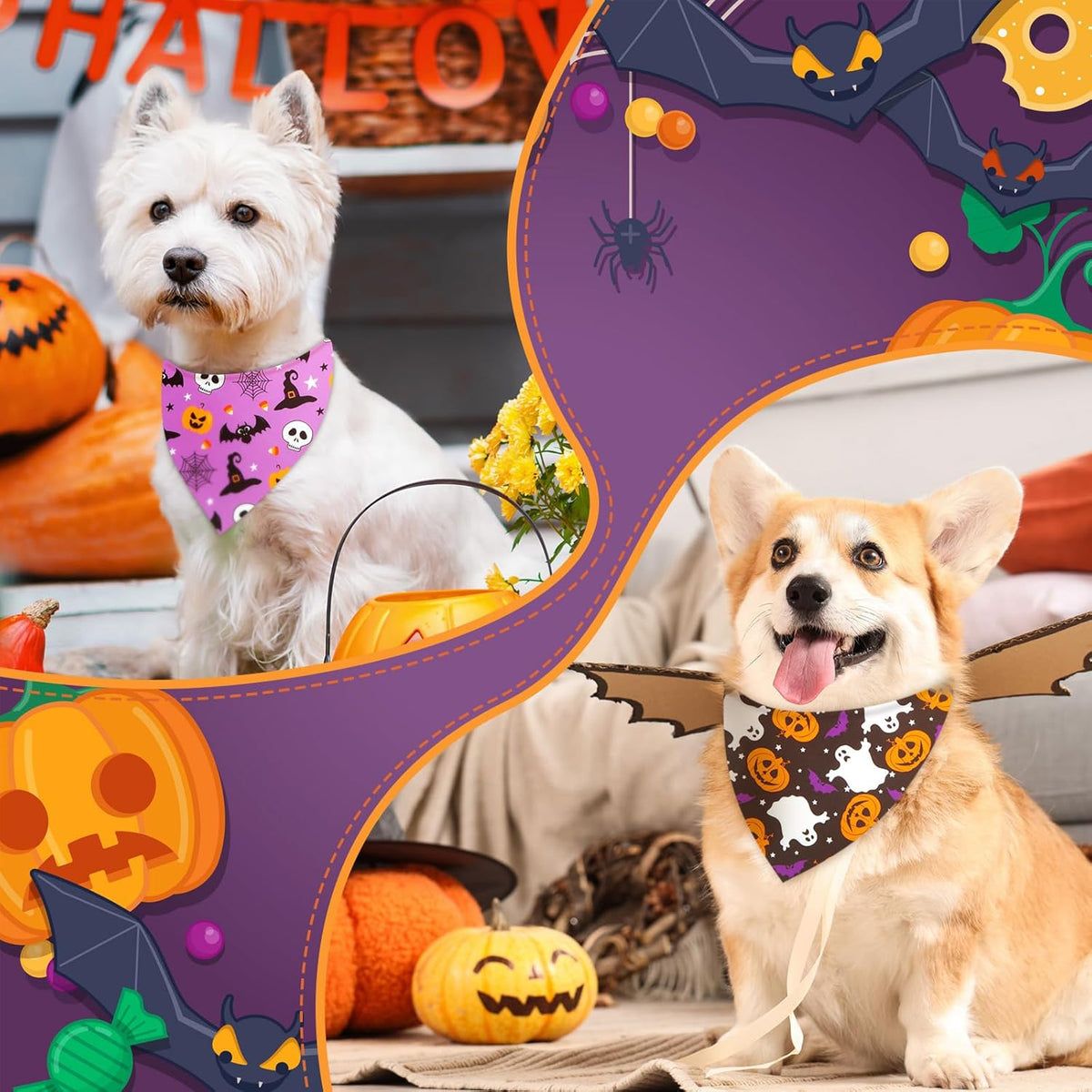 Weewooday 50 Pcs Halloween Dog Bandanas Bulk Pumpkin Ghost Bandanas for Dogs Soft Triangle Bibs