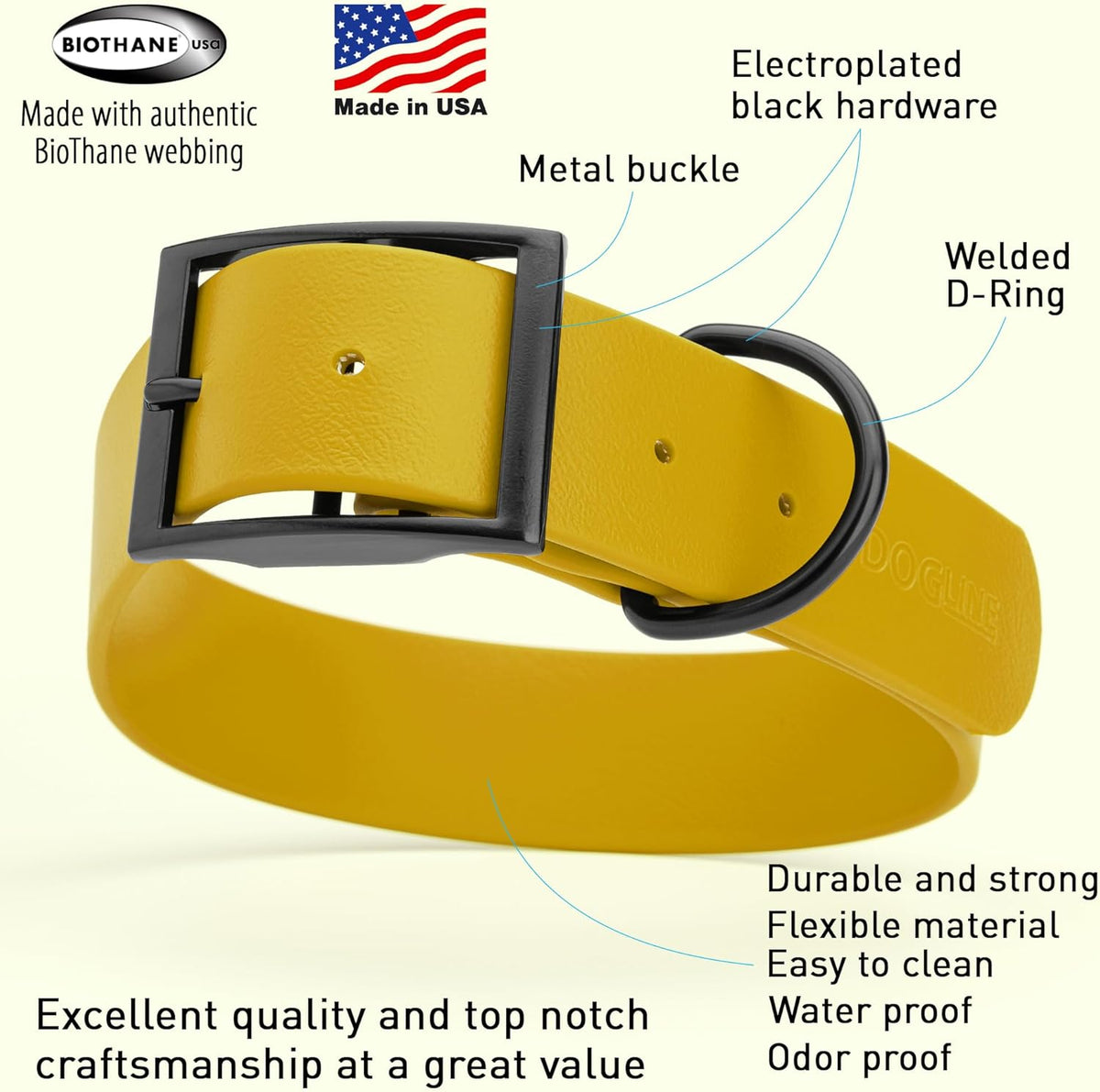 Dogline Biothane Waterproof Dog Collar Strong Coated Nylon Webbing with Black Hardware Odor- Proof