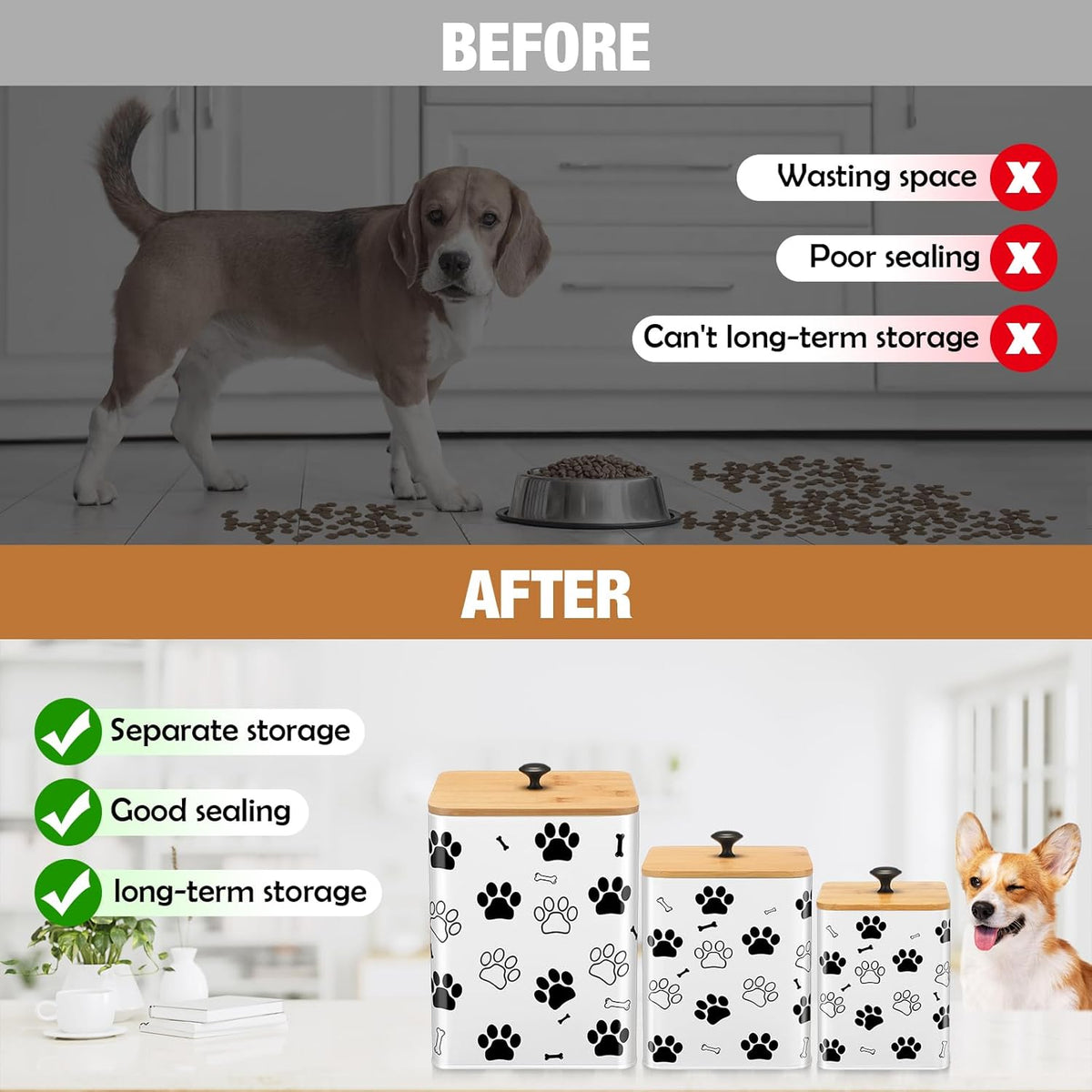 3 Pack Airtight Dog Food Containers with Bamboo Lids, Metal Dog Treat Jars Canisters for Kibble