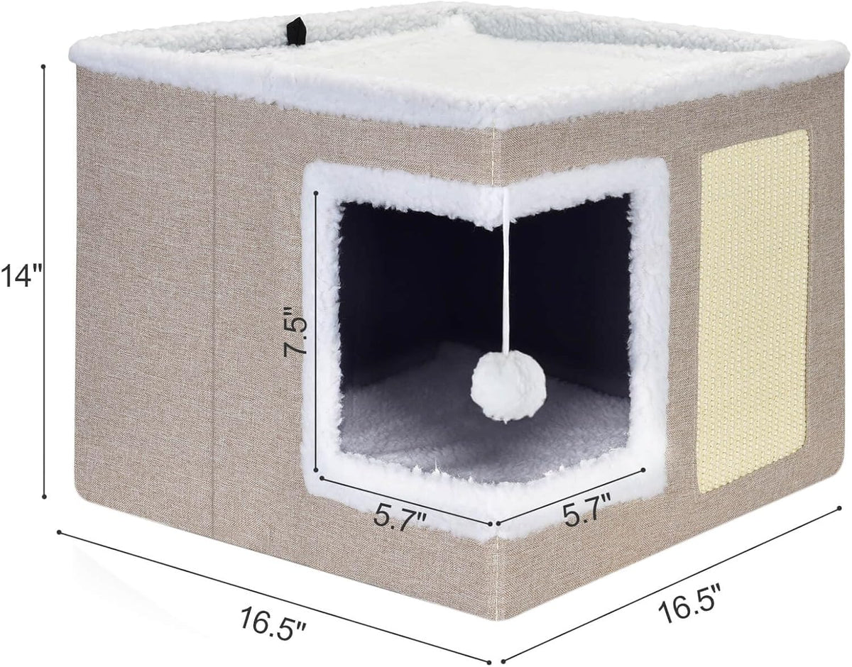 petizer Cat Bed for Indoor Cats, Large Covered Cat House with Scratch Pad, Foldable Cat Cave Bed &