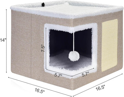 petizer Cat Bed for Indoor Cats, Large Covered Cat House with Scratch Pad, Foldable Cat Cave Bed &