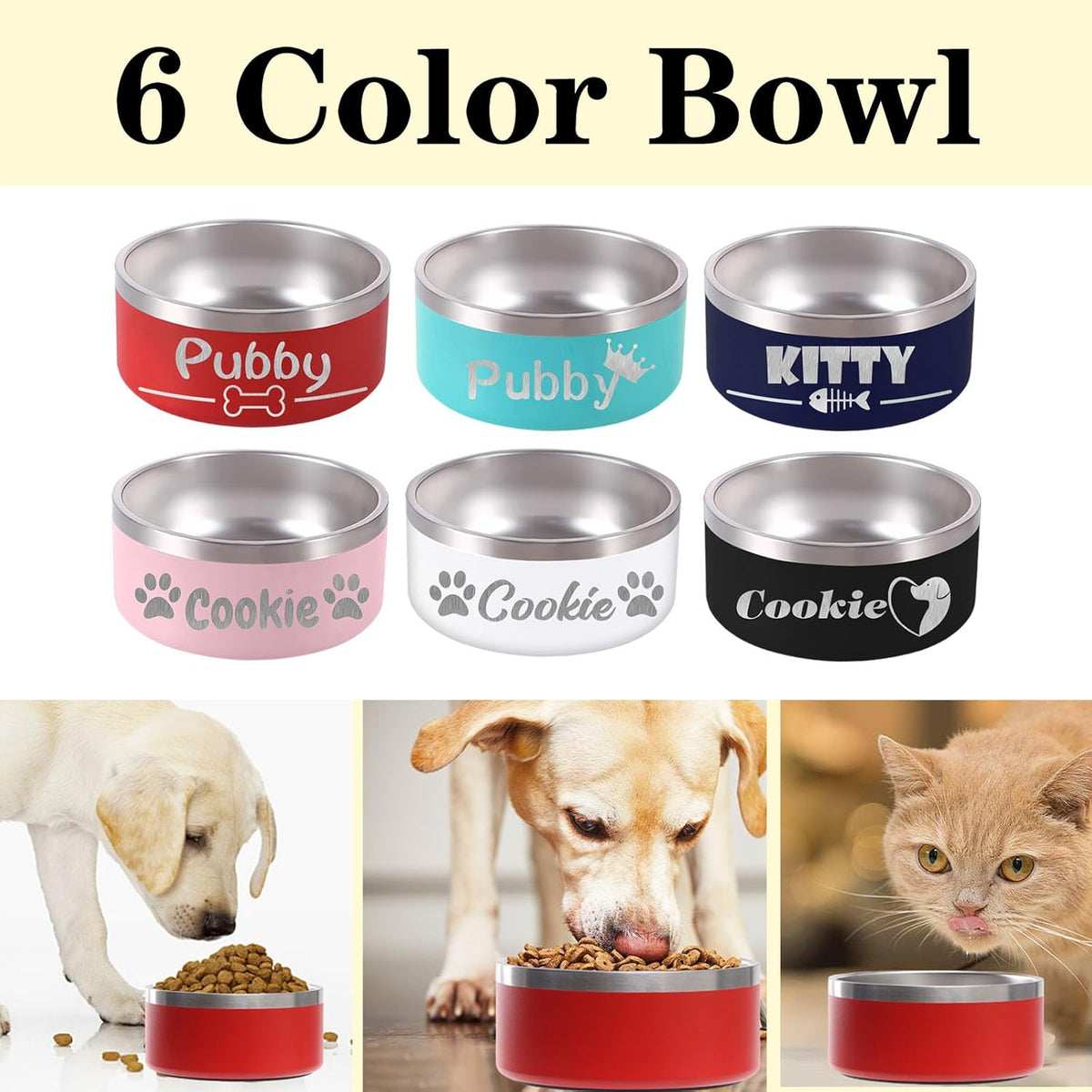 Personalized Dog Bowl Laser Engraved Custom Pet Name 18/32/42/64 oz No Slip Stainless Steel