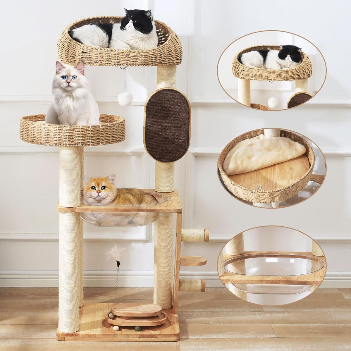 Solid Wood Cat Tree, 50 Inch Modern Cat Tower with Space Capsule, Hand-Woven Basket Nest, Sisal