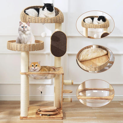 Solid Wood Cat Tree, 50 Inch Modern Cat Tower with Space Capsule, Hand-Woven Basket Nest, Sisal