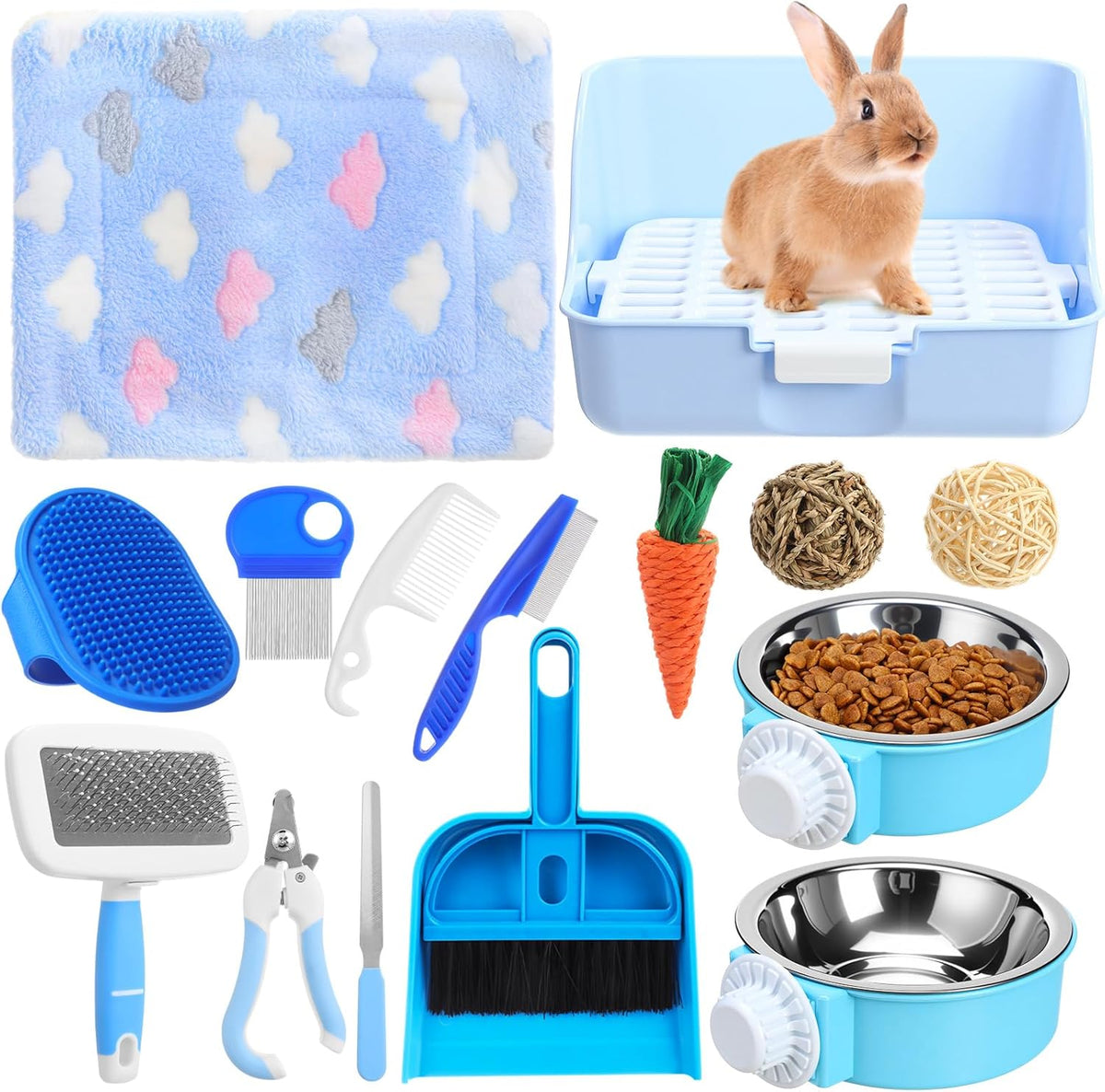 15 Pcs Rabbit Starter Kit Small Rabbit Litter Box Animal Grooming Kit Bunny Toys Bowl Blankets with