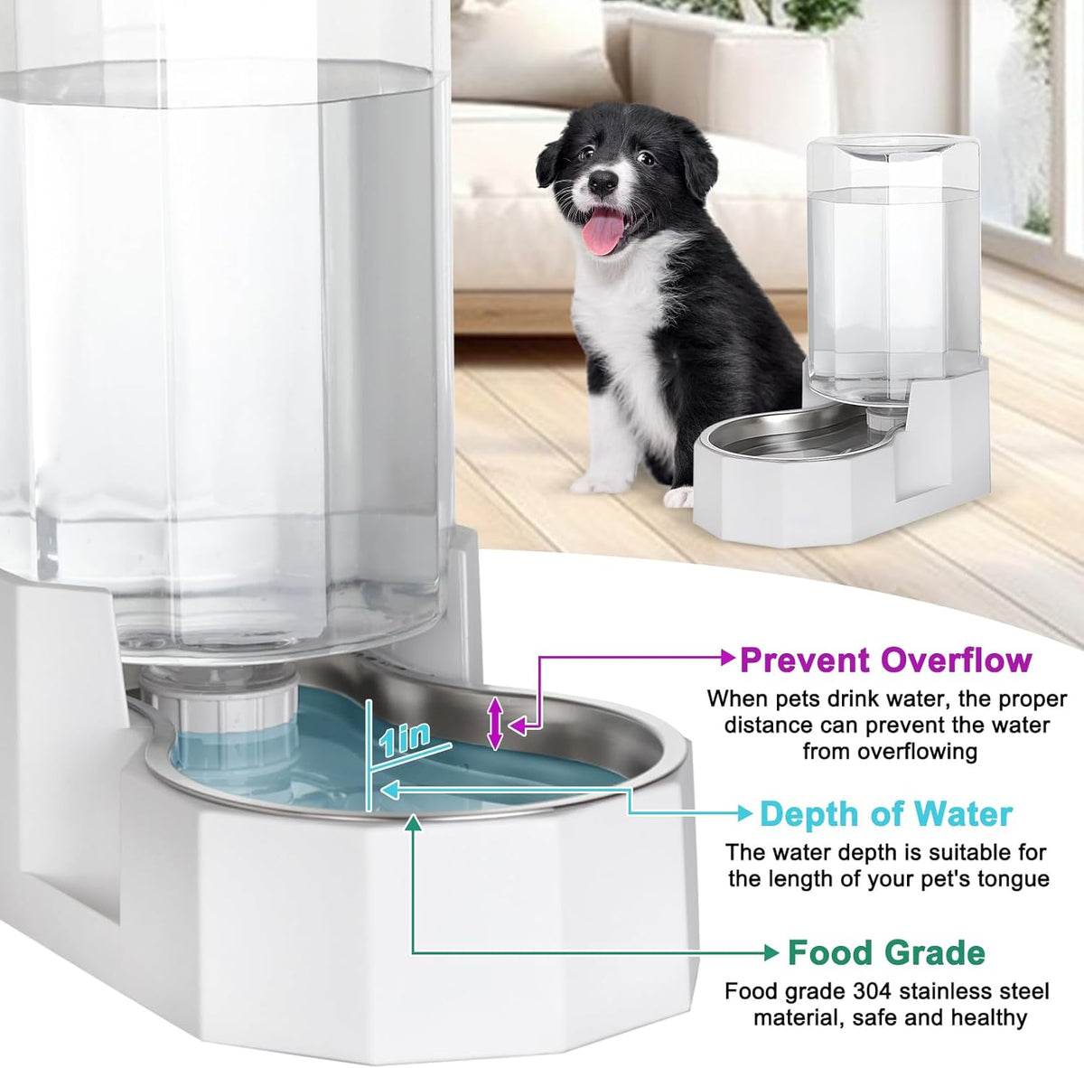 Sfozstra Dog Water Bowl Dispenser: 6L Large White Gravity Stainless Steel Bowl - Without Filter