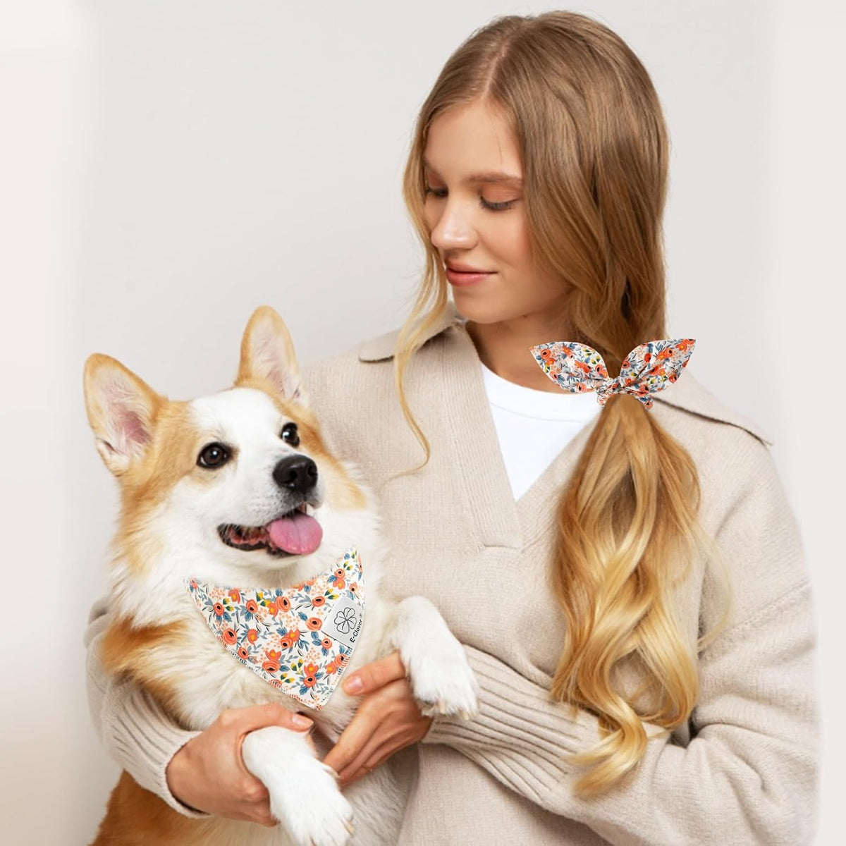 E-Clover Dog Bandanas & Matching Scrunchie Set Girl Cute Flower Dog Scarf Bibs Pet Bandana with Bow
